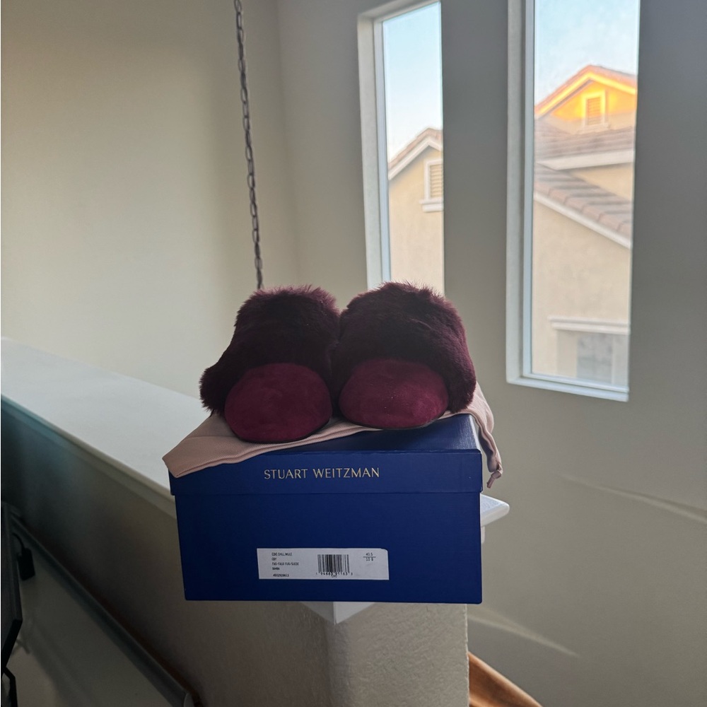 Stuart Weitzman Dark Red Fur Slippers